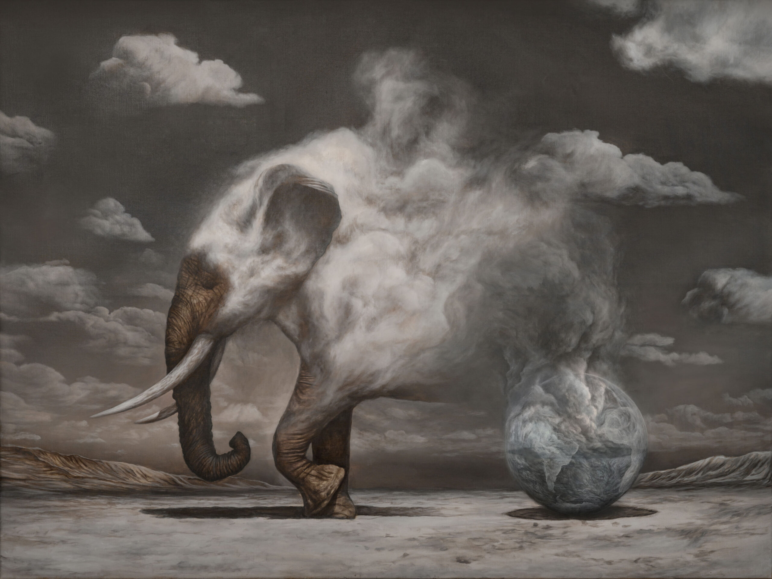 Gemälde mit einer surrealen, kargen Landschaft, auf die gerade ein Elefant seine Vorderfüße setzt. Hinterteil verlässt die rauchende Erdkugel und löst sich in Rauch auf.