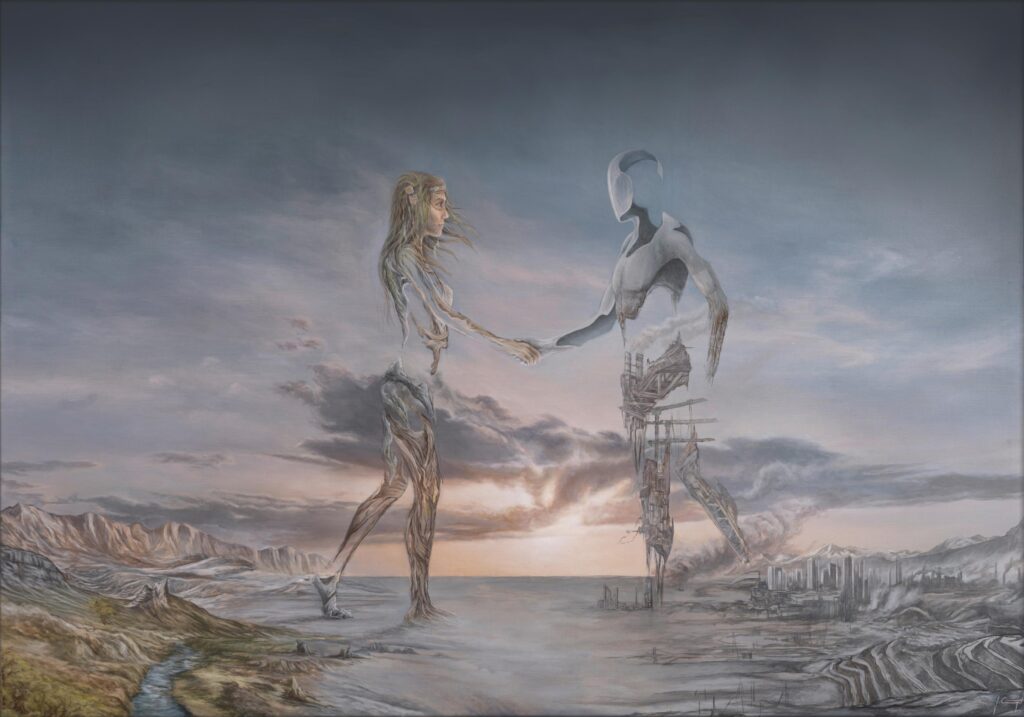 Gemälde. Abstrakte Figuren, eine menschliche Gestalt und ein roboterhaftes Wesen, reichen sich die Hand.