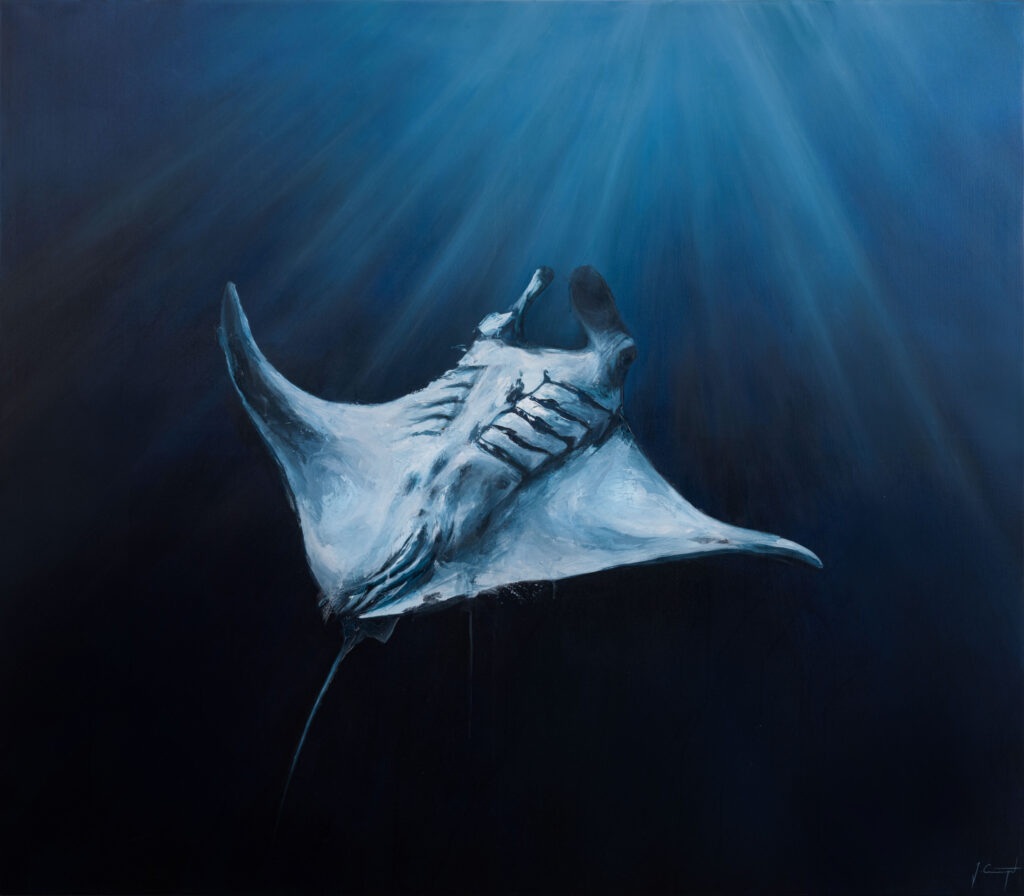 Gemälde. Ein Manta schwebt im schwarzblauen Wasser. Sonnenstrahlen fallen von oben ein.