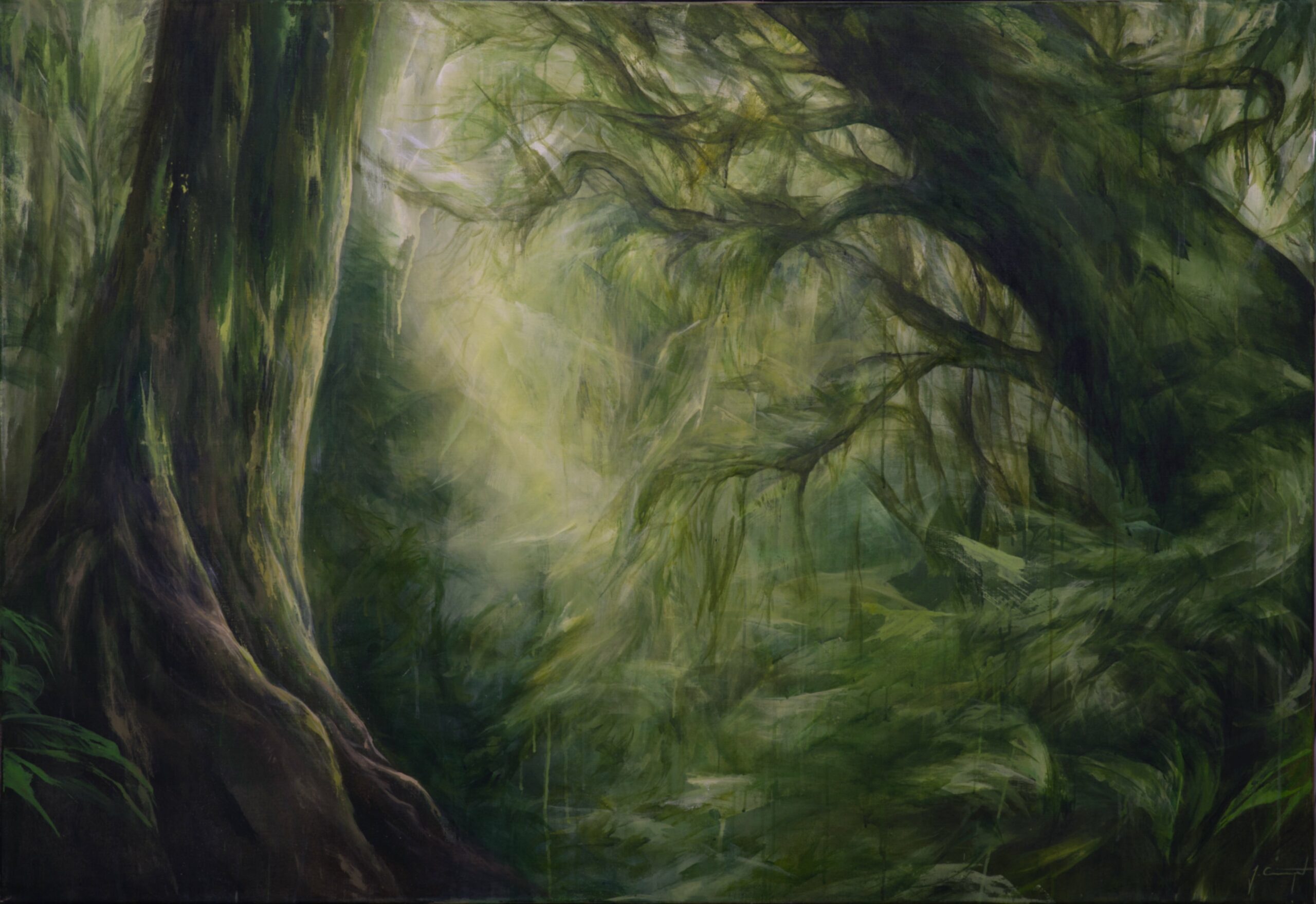 Gemälde einer Regenwaldszenerie. Llicht fällt durch die Blätter.