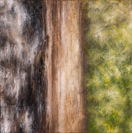 Abstraktes Gemälde mit einer Straße, links verbrannte Erde, rechts grüne Flächen.